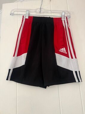 adidas Red Black White Athletic Shorts with Stripe Detail